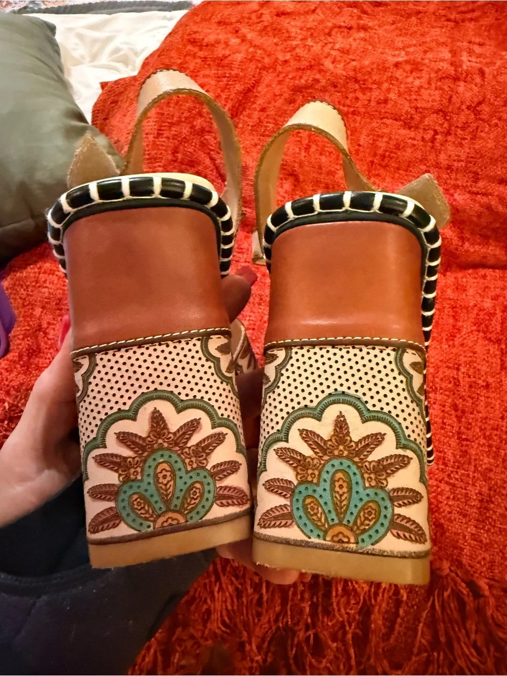L'ARTISTE Beige Platform Slingbacks with Teal & Tan Floral Hand Painted Leather